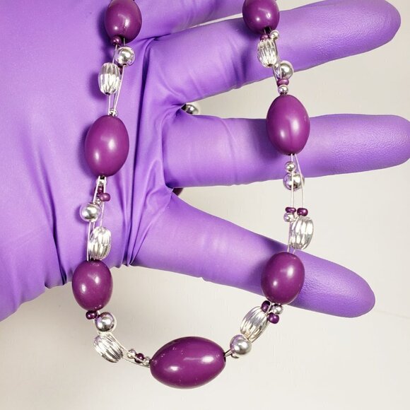 Chic Trio: Necklace, Earrings, Bracelet Silver Tone Purple & Beads Illusion set - Picture 4 of 8